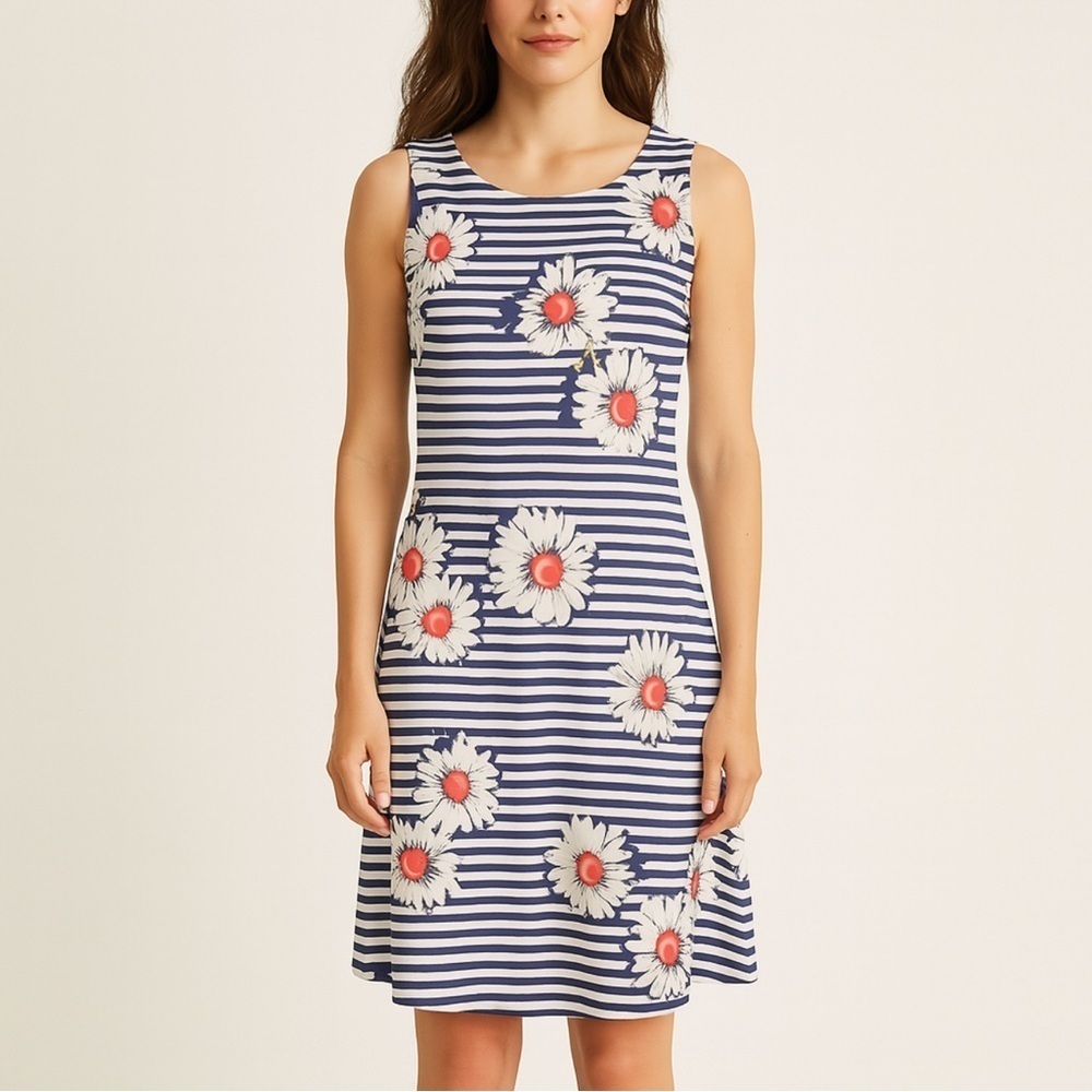 RN Studio By Ronni Nicole Navy and White Floral Striped Sleeveless Midi Dress
